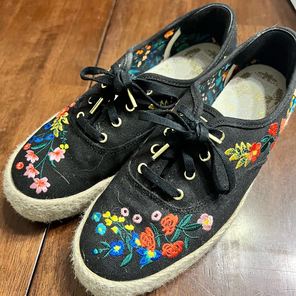 Keds canvas platform shoes embroidered flowers Rifle Paper Co. partnership 7.5us